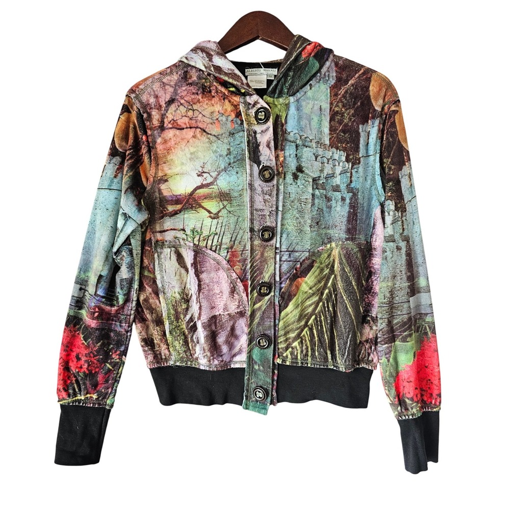Alberto Makali Art Print Button Front Hooded Jacket Unique & Stylish Size M